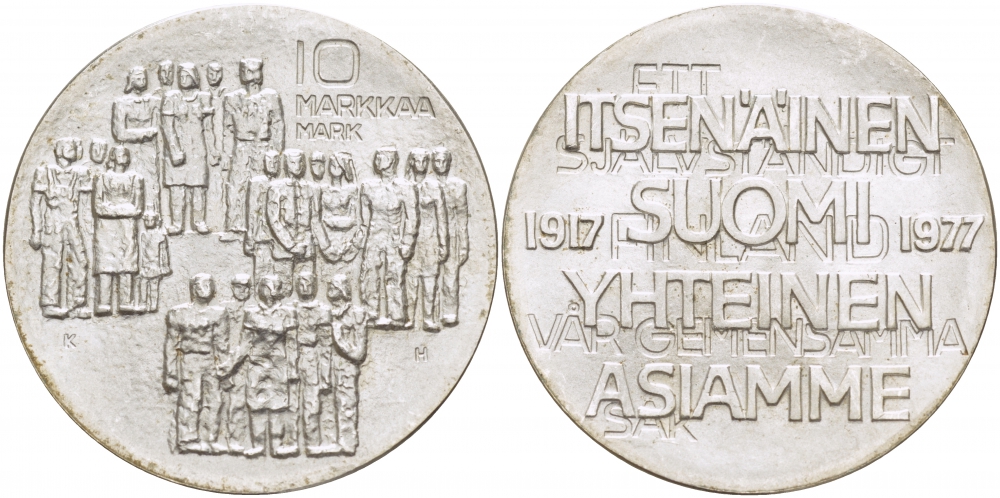 Финляндия 10 марок 1977 K-H, 60 лет независимости (1917-1977) KM 55 серебро UNC 1515-1421