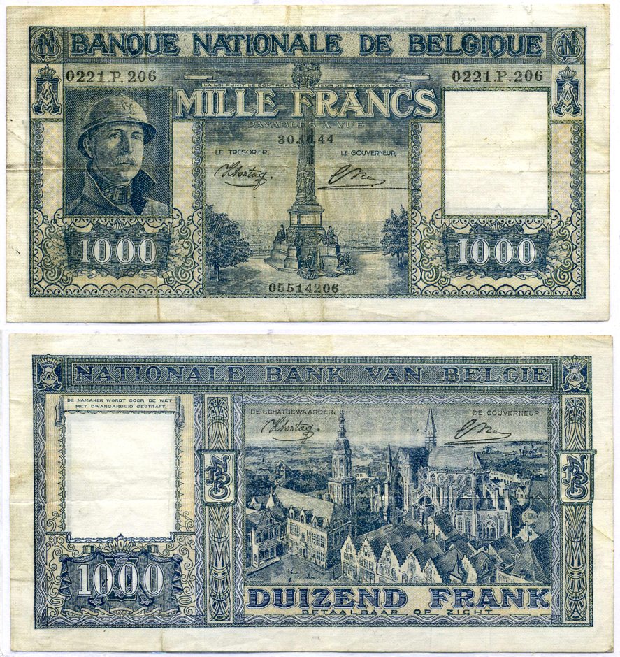 Бельгия 1000 франков 1944 30 октября 1944, подписи: Sontag & Theunis Pick 128a бумага 000-00-00
