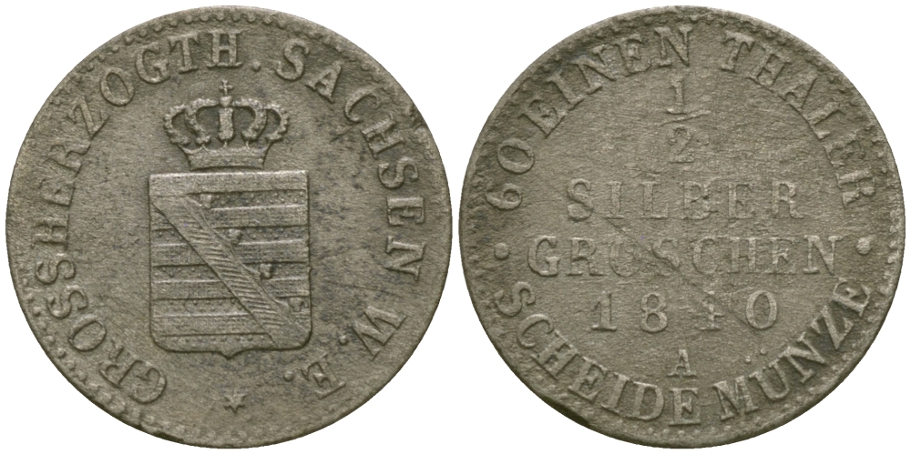 Саксен-Веймар-Эйзенах 1/2 гроша 1840 А, Карл Фридрих Саксен-Веймар-Эйзенахский (1828-1853) KM 85, AKS 25, Jaeger 529 серебро    99-569