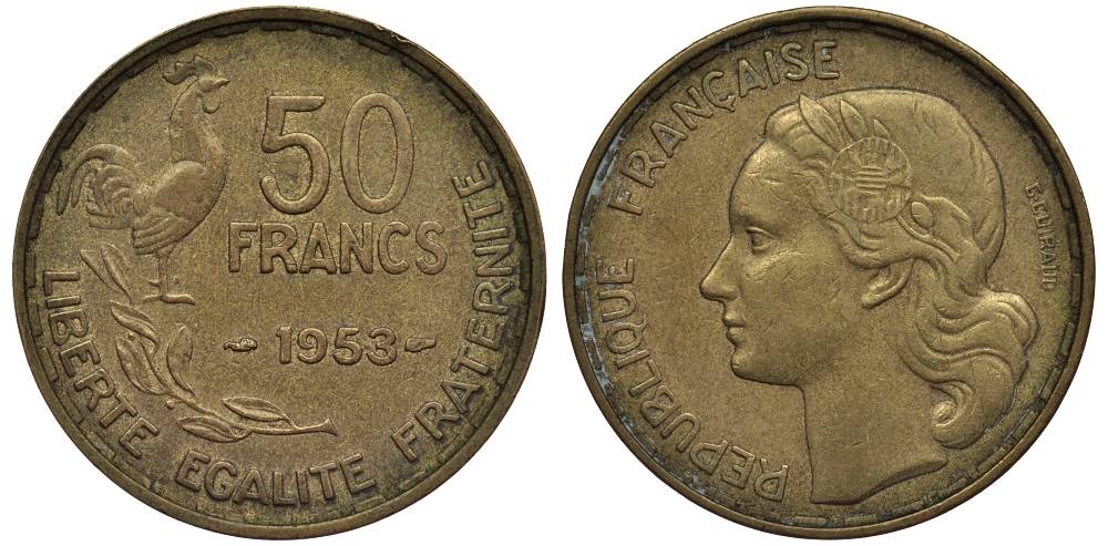 ФРАНЦИЯ 50 ФРАНКОВ 1953 ПЕТУХ KM 918.1, LE FRANC 425.10 алюминиевая бронза 27-844