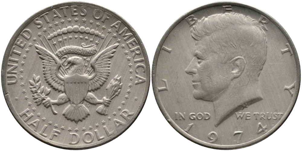 США 1/2 доллара (50 центов) 1974 Джон Кеннеди KM 202b медь плакированная медно-никелем 272-545