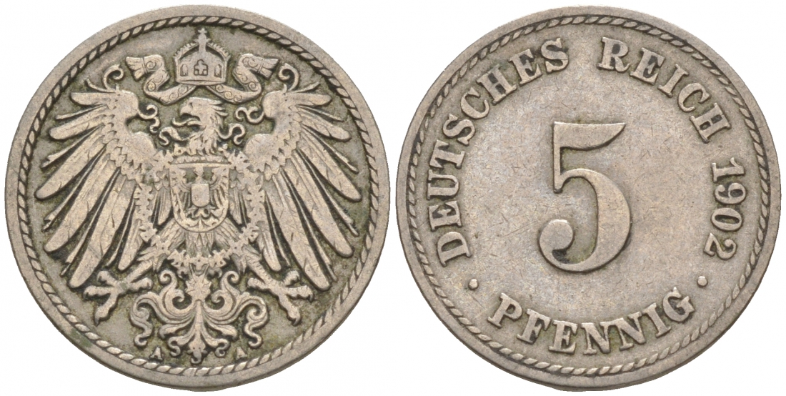 ГЕРМАНИЯ 5 ПФЕННИГОВ 1902 A, KM 11, J. 12 медно-никель 73-1523
