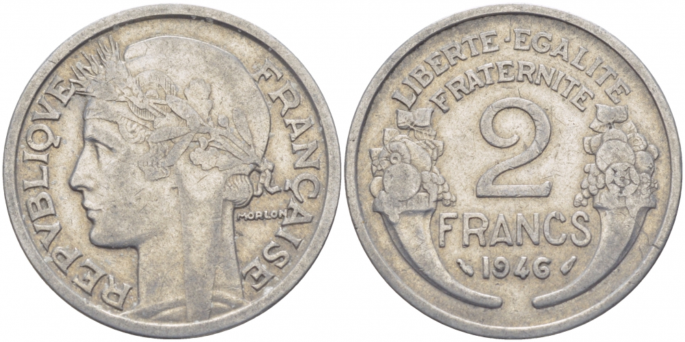 ФРАНЦИЯ 2 ФРАНКА 1946 KM 886a 1 алюминий 4402-1132