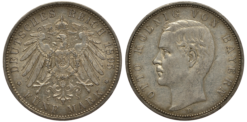 Бавария 5 марок 1895 D, Отто (1886-1913) Weege 47, J. 46, KM 512 серебро 3711-1415
