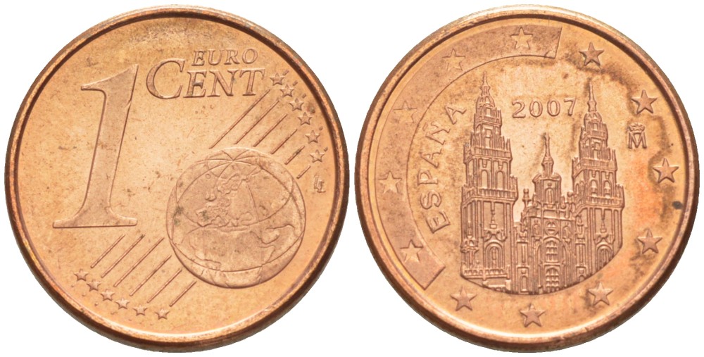 ИСПАНИЯ 1 ЕВРОЦЕНТ 2007 KM 1040 сталь плакированная медью 100-418