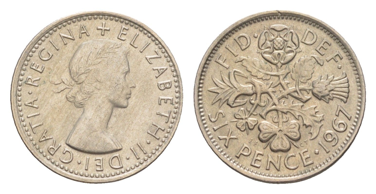 Великобритания 6 пенсов 1967 Елизавета II (1952-2022) KM 903, Spink 4149 медно-никель aUNC 4643-328