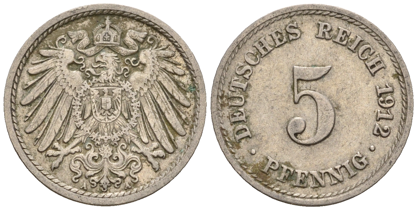 Германия 5 пфеннигов 1912 A, KM 11, J. 12 медно-никель 220-619