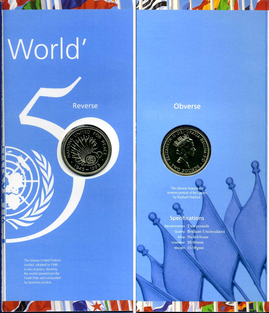 Великобритания 2 фунта 1995 Елизавета II (1952-2022), 50 лет ООН, в оригинальном картонном буклете KM 971, Spink 4316 (K6) никель латунь BUNC 00-00
