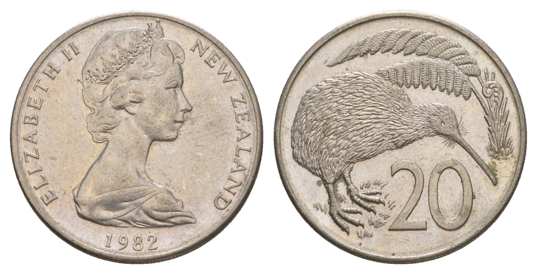 Новая Зеландия 20 центов 1982 Елизавета II (1952-2022), птичка киви KM 36.1 медно-никель 4182-1235