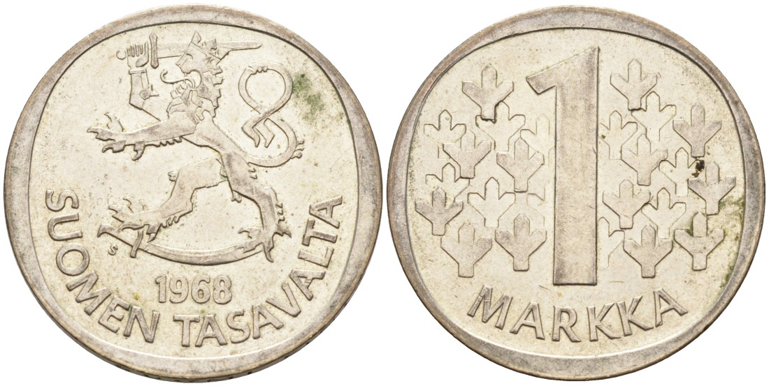 Финляндия 1 марка 1968 S KM 49 серебро 4563-511