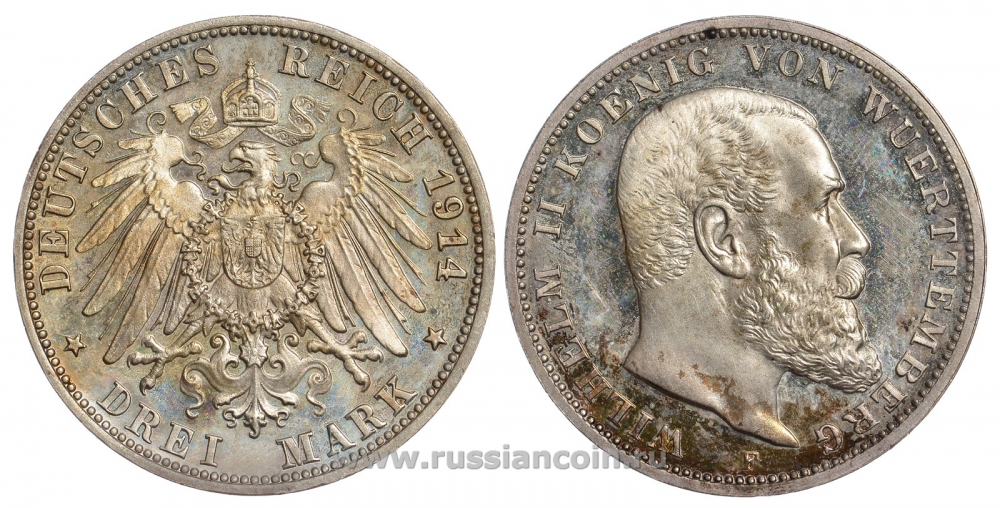 Вюртемберг 3 марки 1914 F, Вильгельм II (1891-1918) Weege 171, J. 175, KM 635 серебро PROOF 00-805-48