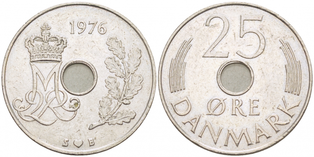 Дания 25 эре 1976 S; B, Маргрете II (1972- ) KM 861.1 медно-никель  3996-935