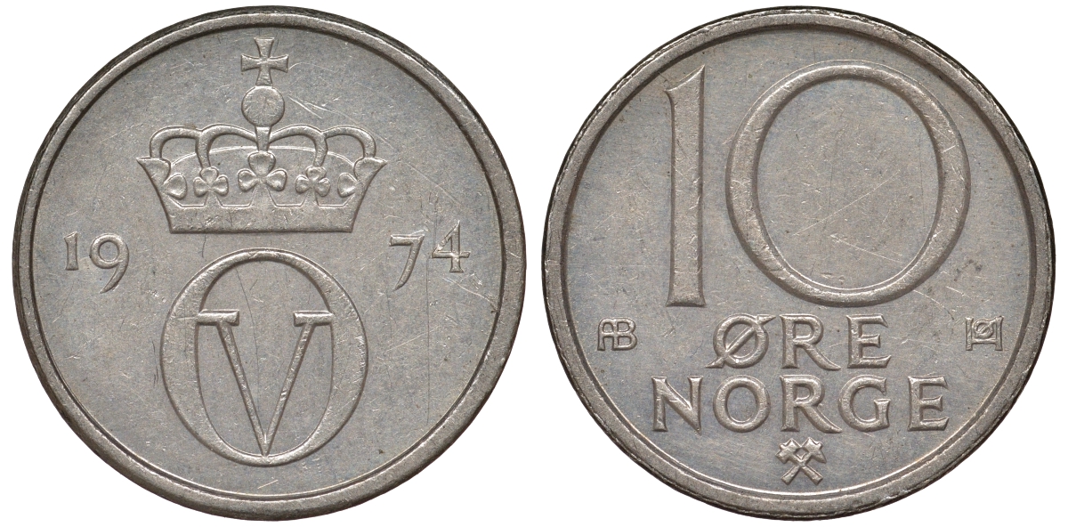 Норвегия 10 эре 1974 Улаф V (1958-1991) KM 416 медно-никель 62-1245