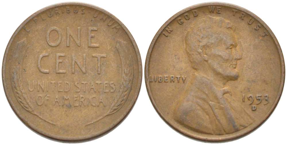 США 1 ЦЕНТ 1953 D, ЛИНКОЛЬН KM А132 медь цинк 218-631