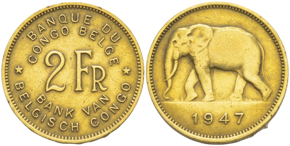 Бельгийское Конго 2 франка 1947 слон KM 28 латунь 4541-1034