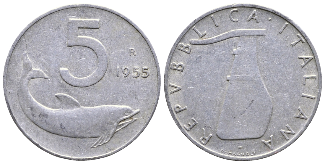 ИТАЛИЯ 5 ЛИР 1955 R, РУЛЬ, ДЕЛЬФИН KM 92 алюминий 93-426