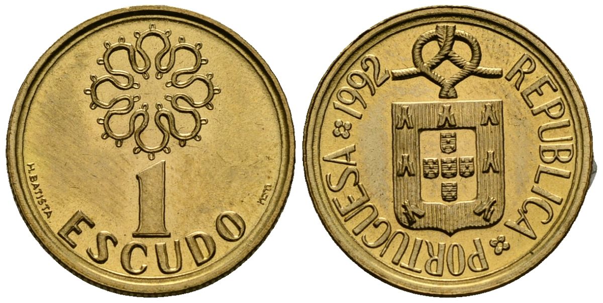 Португалия 1 эскудо 1992 KM 631 никель латунь 4164-1066