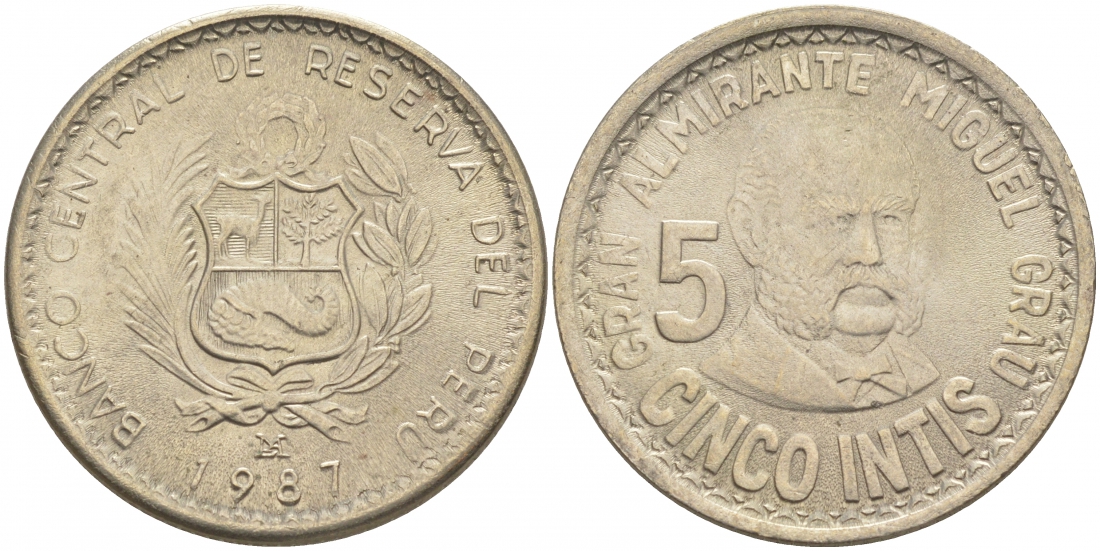 Перу 5 инти 1987 Мигель Грау KM 300 медно-никель UNC 181-934