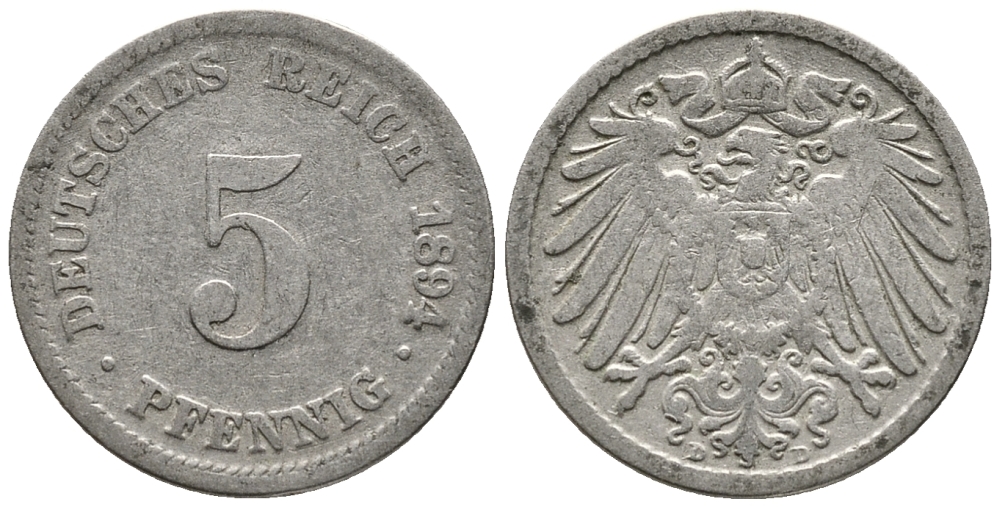 ГЕРМАНИЯ 5 ПФЕННИГОВ 1894 D KM 11, J. 12 медно-никель 39-662