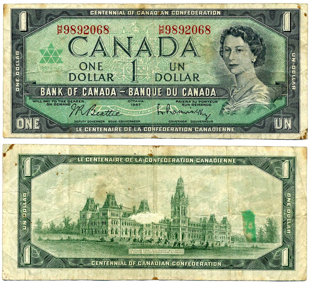 Канада 1 доллар 1967 подписи Beattie & Rasminsky, РЕГУЛЯРНАЯ серия Pick 84b бумага 445-74-2-1