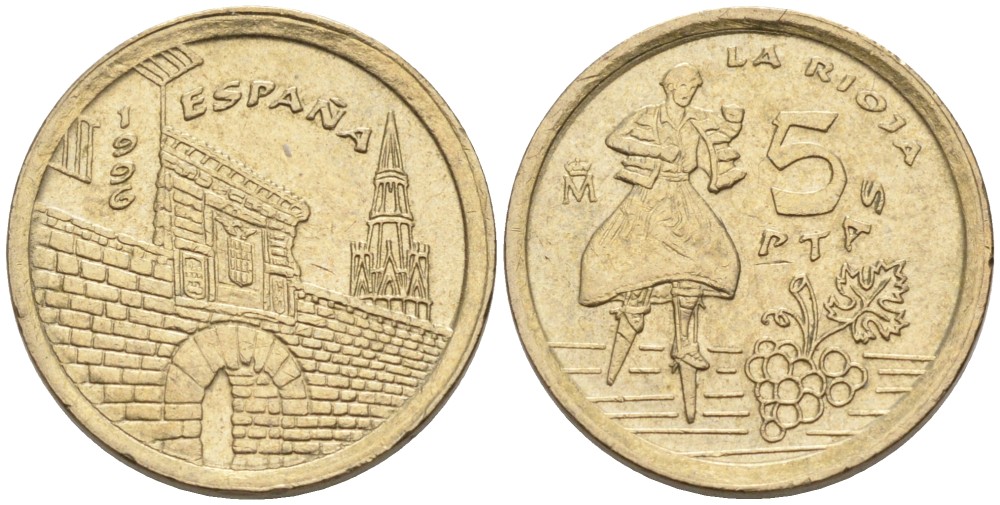 Испания 5 песет 1996 Хуан Карлос I (1975-2014), Риоха (La Rioja) KM 960 алюминиевая бронза 71-754