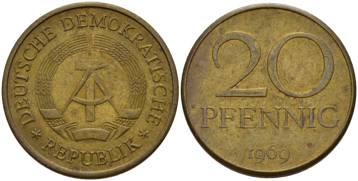 ГДР 20 пфеннигов 1969 A, первый год KM 11 латунь 92-724