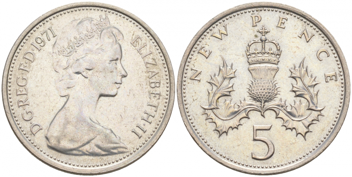 Великобритания 5 пенсов 1971 Елизавета II (1952-2022) KM 911, Spink 4233 (D1) медно-никель 68-131