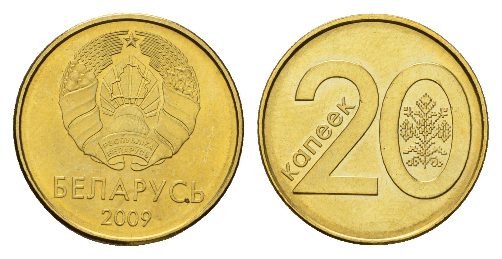 Беларусь 20 копеек 2009 год-тип KM 565 сталь плакированная медью и латунью UNC 119-1026