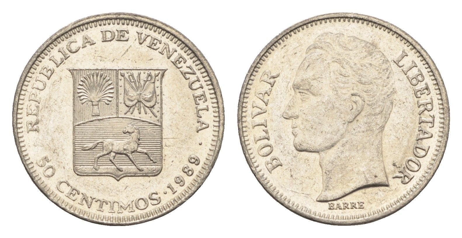 Венесуэла 50 сентимо 1989 Симон Боливар Y 41a сталь плакированная никелем 4664-225