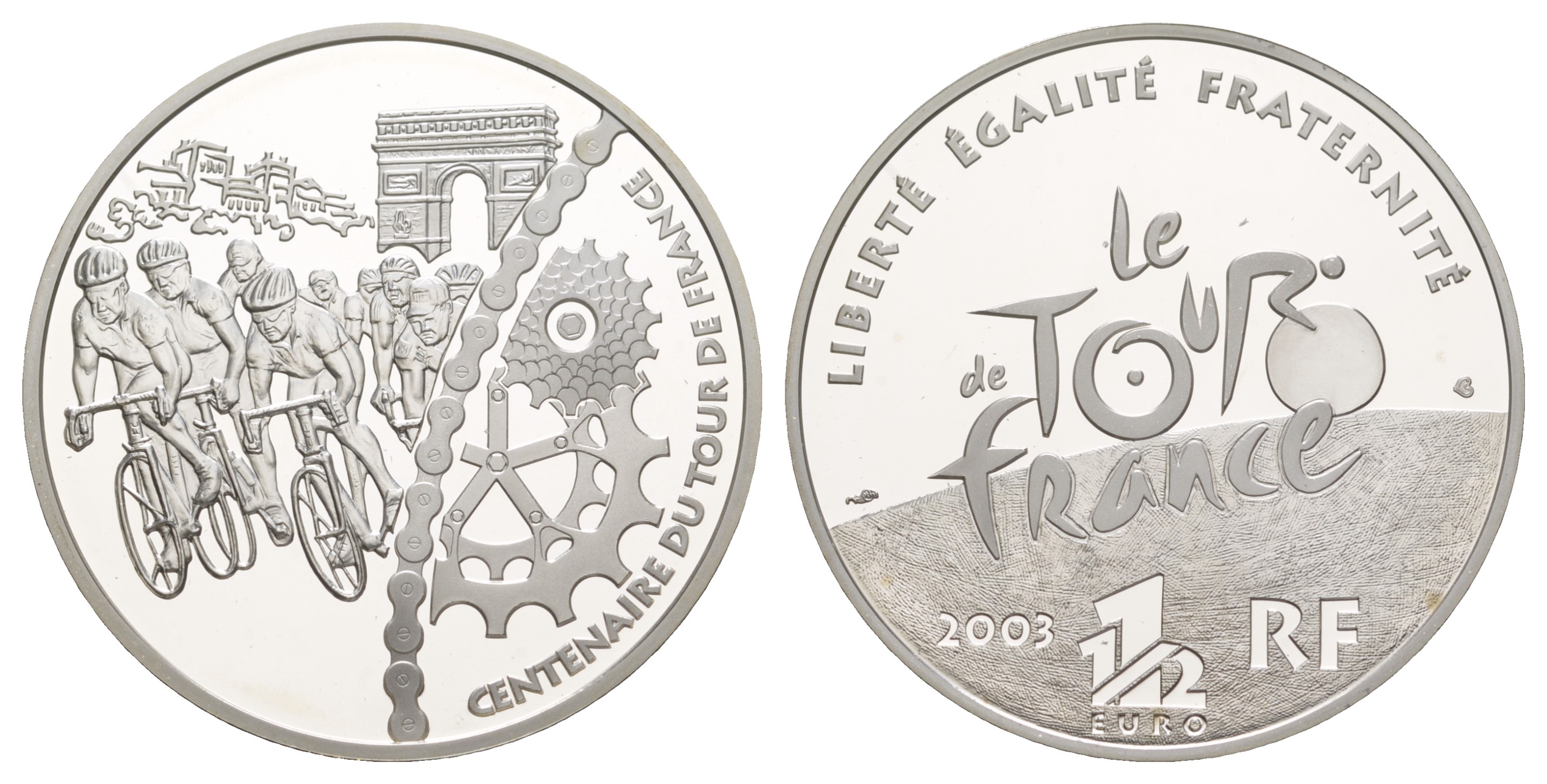 Франция 1 1/2 евро 2003 100 лет велогонкам Тур де Франс, велосипедисты и триумфальная арка KM 1322 серебро  PROOF  1-6-4-65
