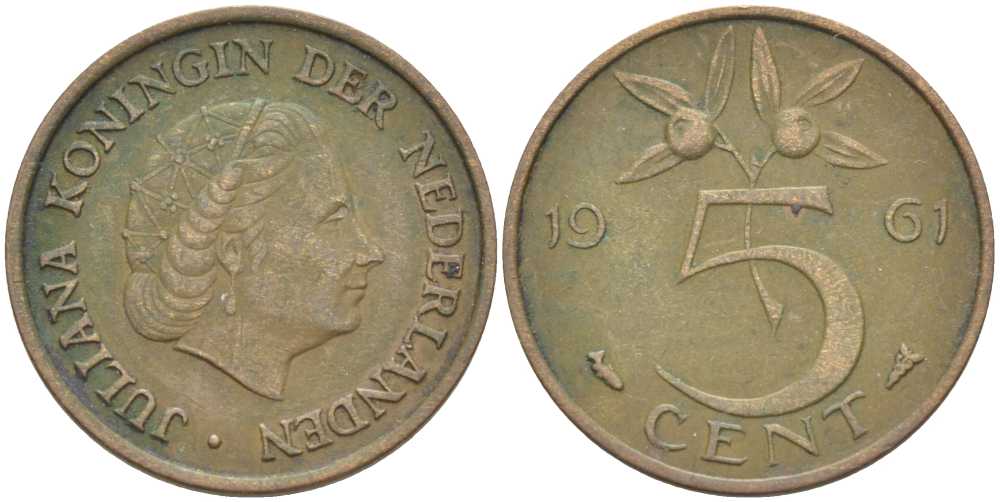 НИДЕРЛАНДЫ 5 ЦЕНТОВ 1961 ЮЛИАНА (1948-1980) KM 181 бронза 213-1034