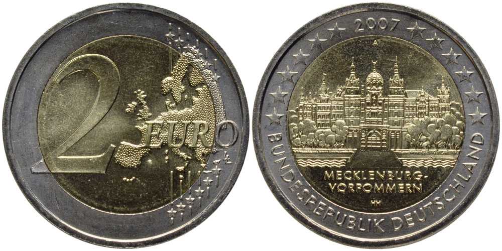 ФРГ 2 евро 2007 А, серия федеральные земли, Мекленбург-Передняя Померания, Шверинский замок KM 260 биметалл UNC 115-1216