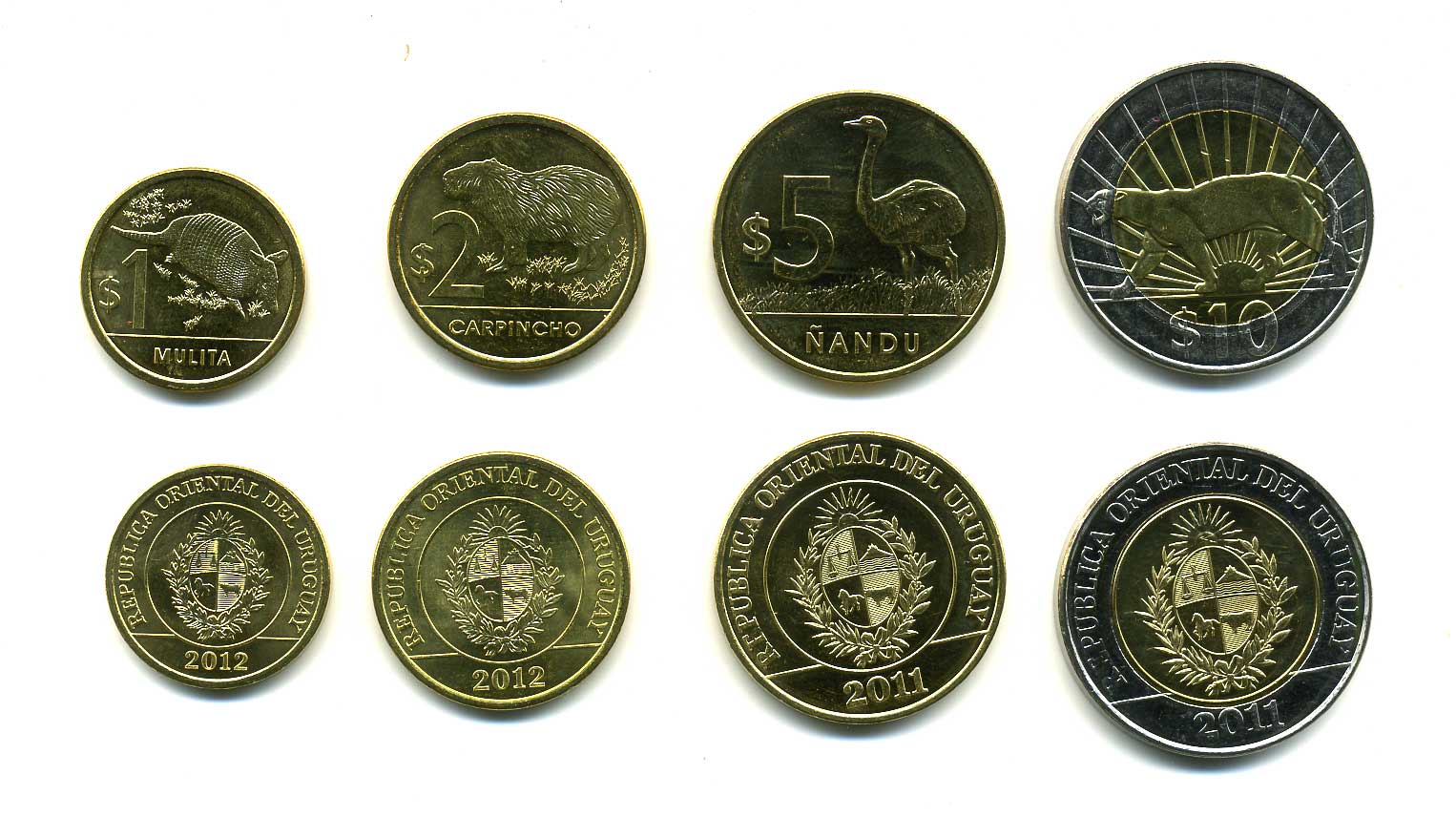 Уругвай лот из 4 монет 2011-2012 1, 2, 5, 10 песо, животные UNC N2-05