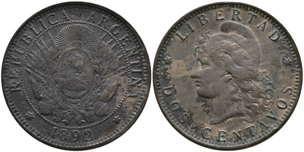 Аргентина 2 сентаво 1892 голова свободы влево KM 8 бронза 4531-1123