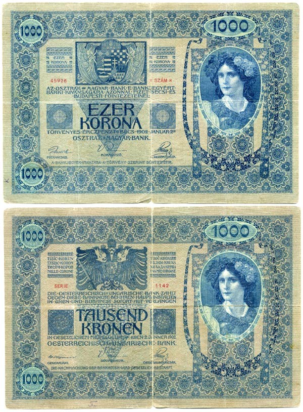 АВСТРИЯ 1000 КРОН 1902 2 ЯНВАРЯ 1902, СЕРИЯ 1142 Pick 8а бумага 7146-54-1-2