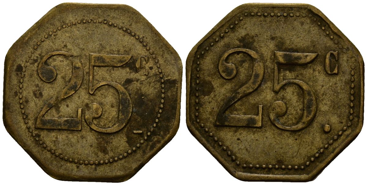 Франция 25 сантимов XIX-XX век ресторанный жетон латунь 4166-525