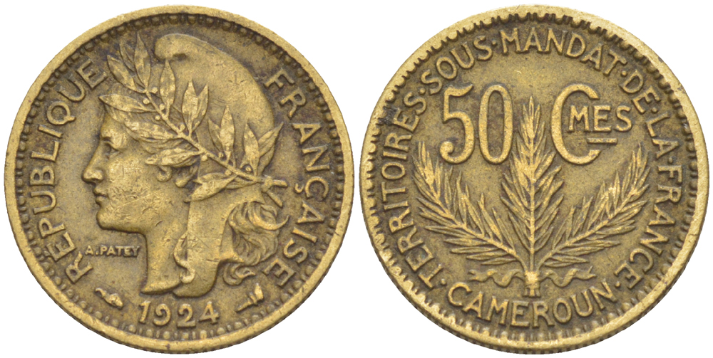 Французский Камерун 50 сантимов 1924 (а), монетный двор Париж KM 1 алюминиевая бронза 73-1743