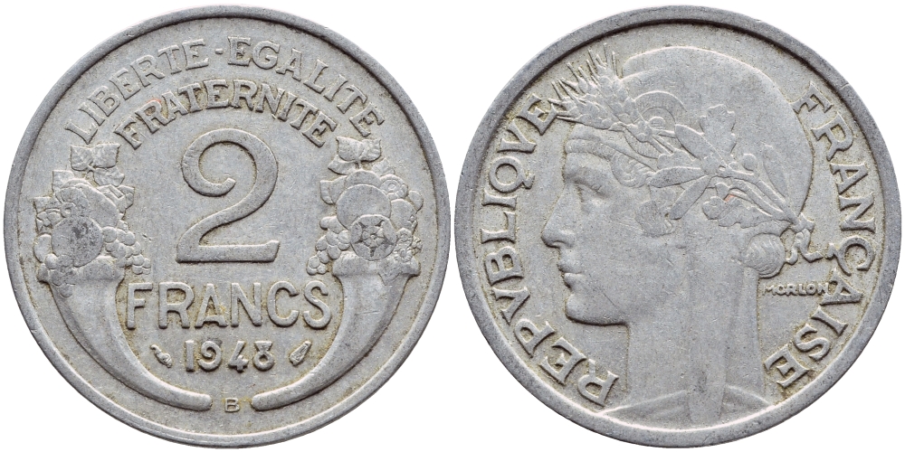 Франция 2 франка 1948 В KM 886а.2 алюминий 4397-751