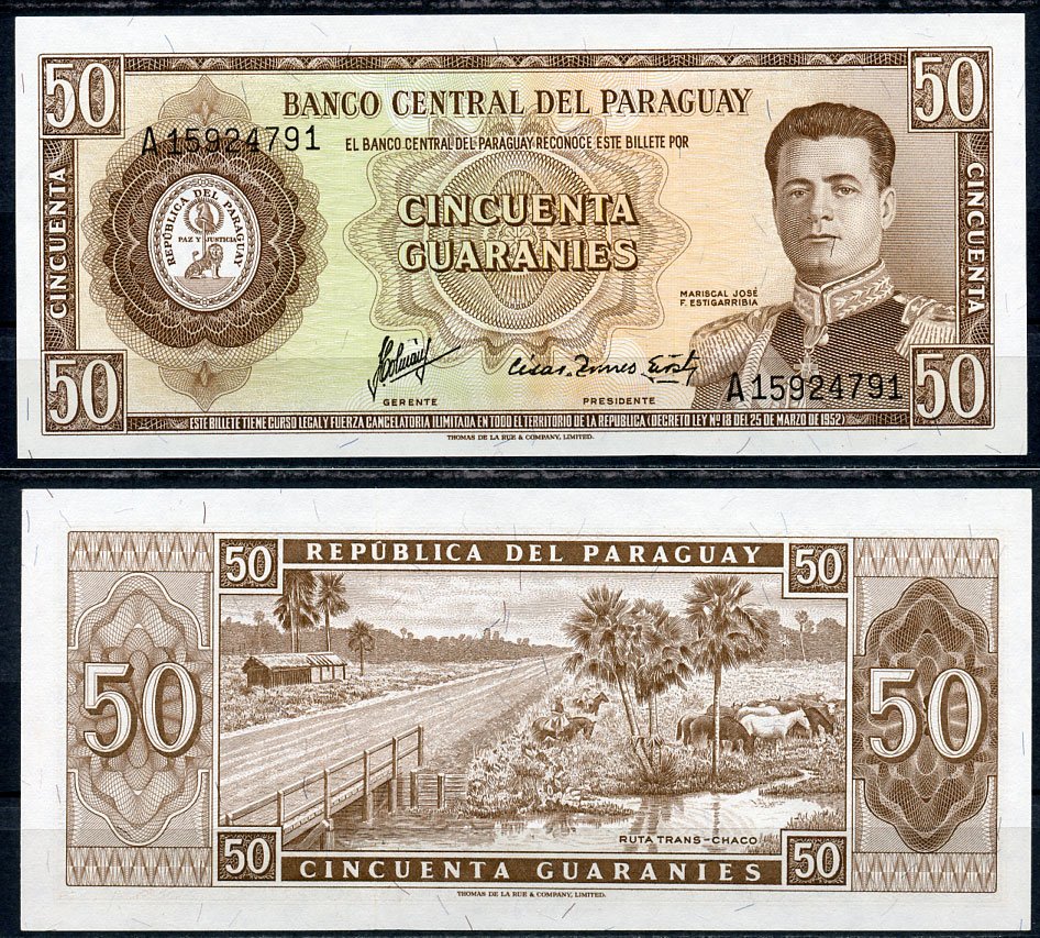 Парагвай 50 гуарани 1952 (1963) Хосе Феликс Эстигаррибия Pick 197 b бумага UNC (пресс) 2196-44-2-1