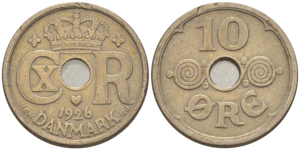 ДАНИЯ 10 ЭРЕ 1926 HCN ; GJ, КРИСТИАН X (1912-1947) KM 822.1 медно-никель 4392-1228