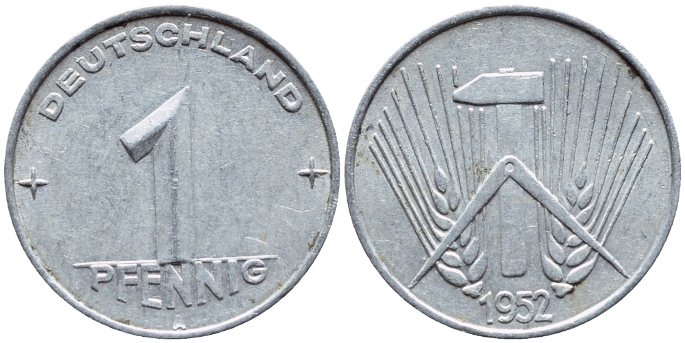 ГДР 1 ПФЕННИГ 1952 A КМ 5 алюминий 261-638