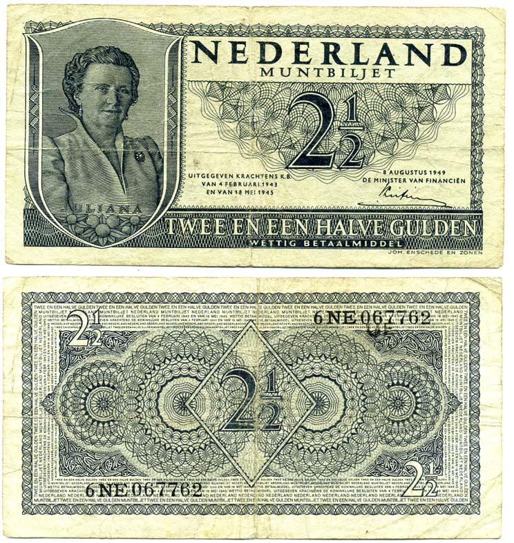 НИДЕРЛАНДЫ 2 1/2 ГУЛЬДЕНА 1945 Pick 71 бумага 6279-20-2-1