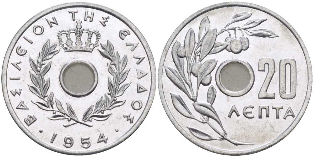 Греция 20 лепта 1954 Павел I (1947-1964), оливковая ветвь KM 79 алюминий UNC 28-425