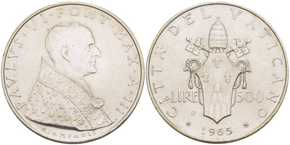 Ватикан 500 лир 1965 III год, Павел VI (1963-1978) KM 83.2 серебро  UNC  4512-744