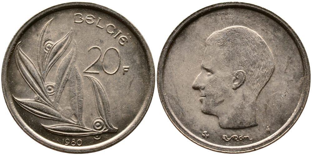 БЕЛЬГИЯ 20 ФРАНКОВ 1980 BELGIE, БОДУЭН I (1951-1993) KM 160 никель бронза 4388-1227