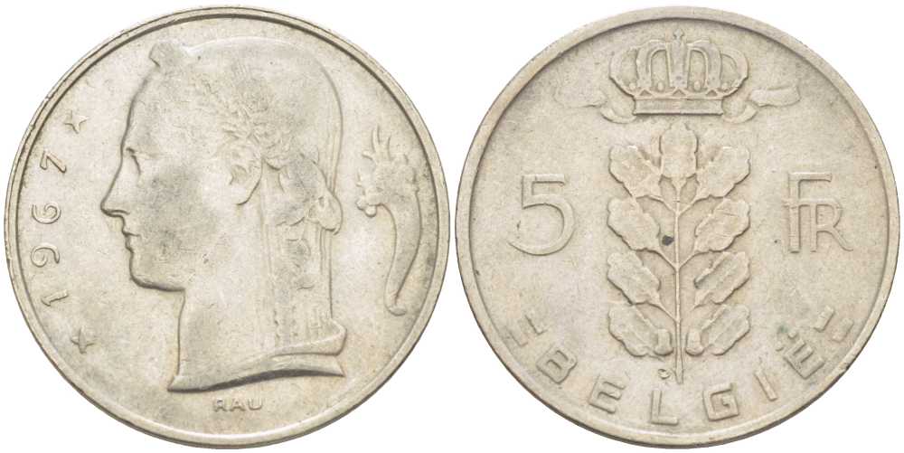 Бельгия 5 франков 1967 Belgie, Бодуэн I (1951-1993) KM 135.1 медно-никель 202-1211