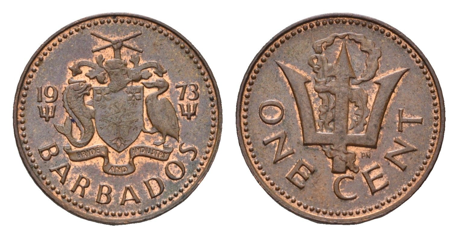 Барбадос 1 цент 1973 сломанный трезубец Британии KM 10 бронза 4689-1165