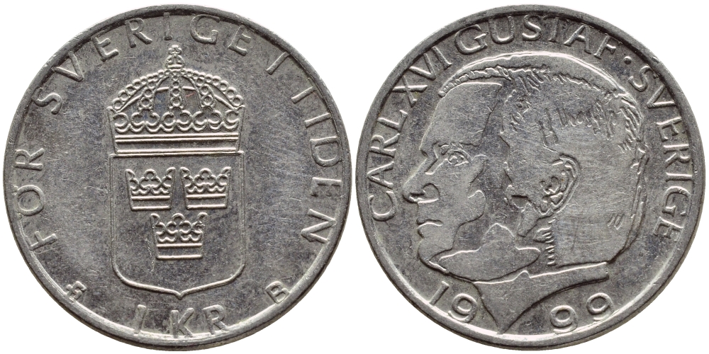 Швеция 1 крона 1999 Карл XVI Густав (1973- ) KM 852a медно-никель 89-353