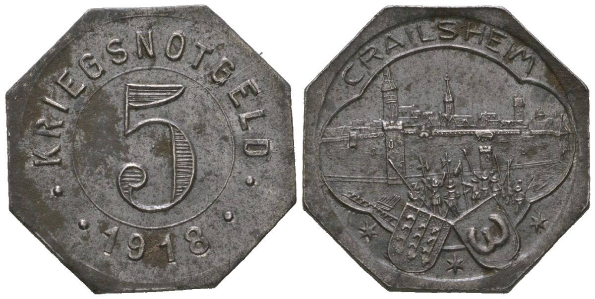 Крайльсхайм (Вюртемберг) 5 пфеннингов 1918 Funck 83.4, Men05 4675.1, Men18 5876.1 железо aUNC 4169-757