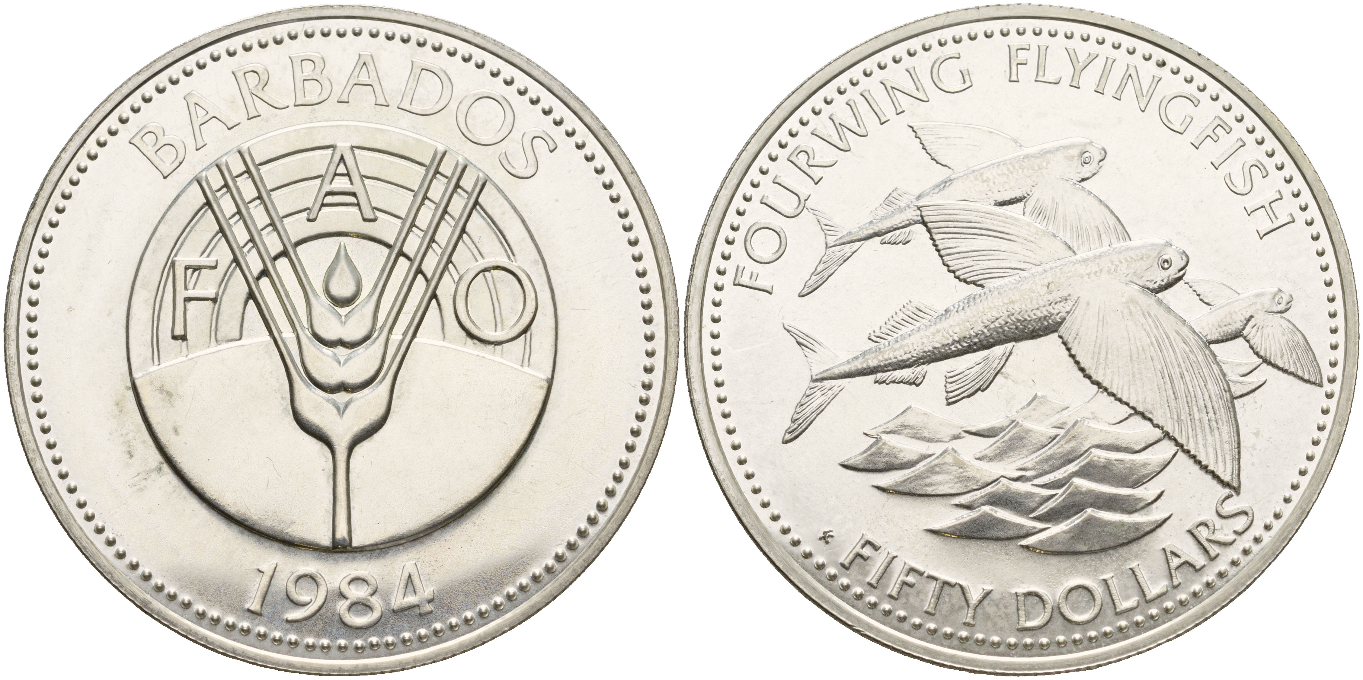 Барбадос 50 долларов 1984 FAO, крылатые рыбы, тираж 3600 экземпляров KM 42 серебро UNC 11-082-44